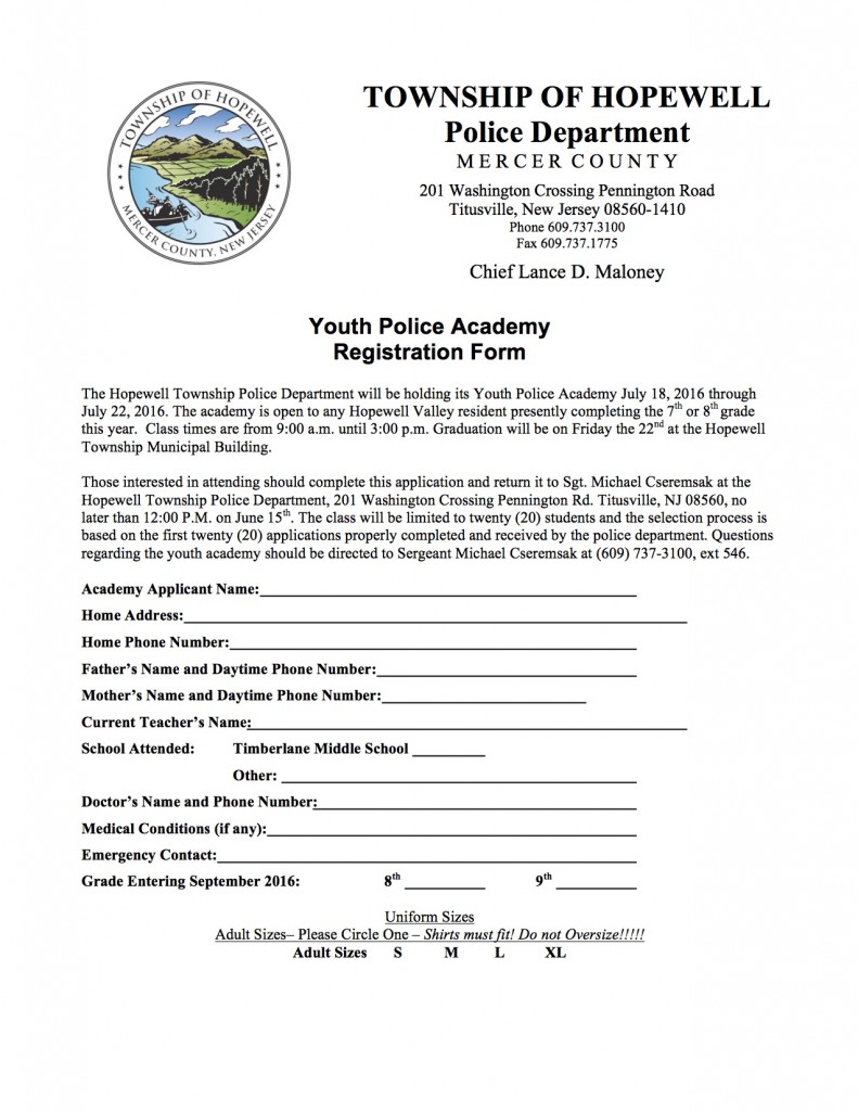 Youth Police Academy Registration Form