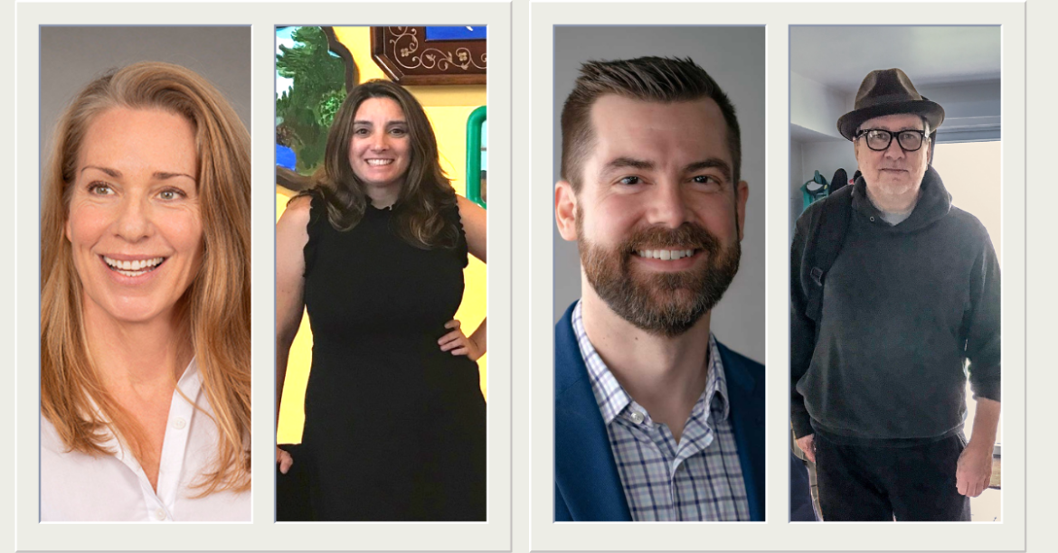 Collage of four new board members of the Hopewell Valley Arts Council. The photo features close-up headshots arranged in a grid, showcasing diverse individuals smiling at the camera.
