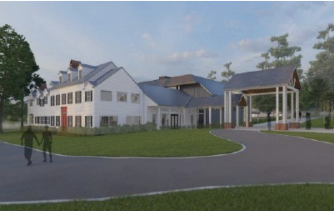 Architectural rendering of a modern white catering hall designed to resemble a farmhouse. The building features a prominent portico entrance, framed by white columns, set against a backdrop of greenery.